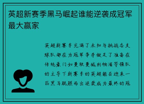 英超新赛季黑马崛起谁能逆袭成冠军最大赢家