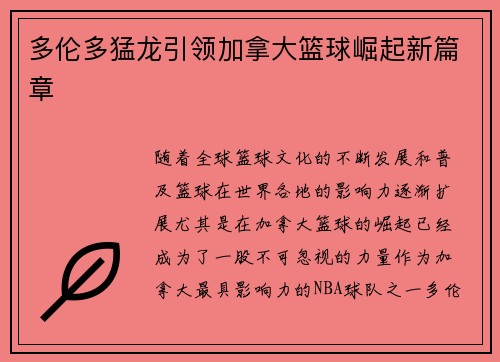 多伦多猛龙引领加拿大篮球崛起新篇章