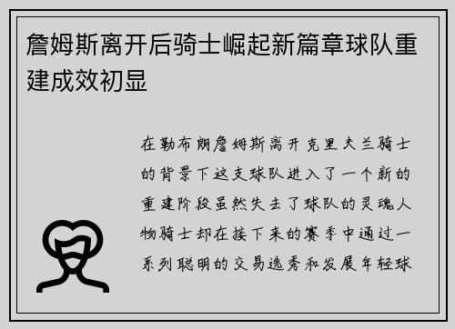 詹姆斯离开后骑士崛起新篇章球队重建成效初显